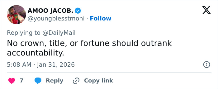 Tweet from AMOO JACOB expressing that no crown or title should outrank accountability amid Prince Andrew and Epstein emails outrage.