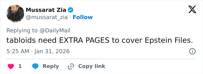 Tweet by Mussarat Zia discussing the need for extra coverage on Epstein files amid new disturbing images of Prince Andrew.
