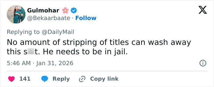 Twitter user Gulmohar demands Prince Andrew face jail amid new disturbing images and emails involving Epstein controversy.