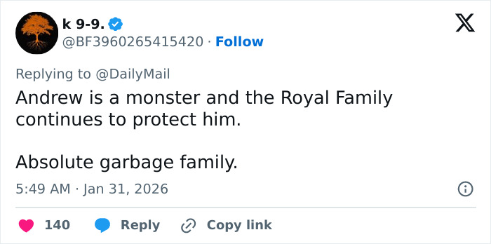 Tweet criticizing Prince Andrew and the Royal Family amid new disturbing images and emails related to Epstein controversy.