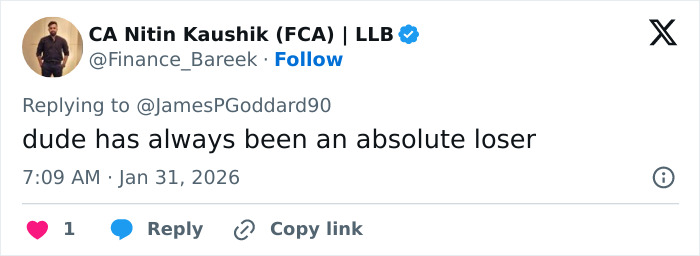 A tweet criticizing someone, posted by CA Nitin Kaushik with a profile photo of a man standing, casual attire visible.