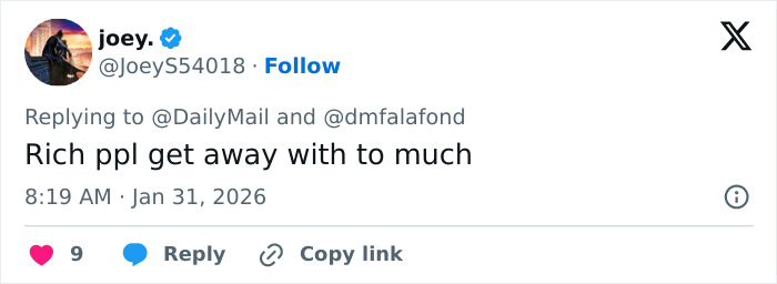 Screenshot of a social media reply criticizing the rich in a discussion related to Prince Andrew and Epstein emails outrage.