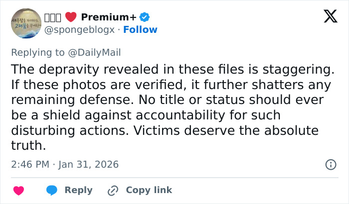 Tweet expressing outrage over new disturbing images of Prince Andrew and emails involving Epstein reveals shocking depravity.