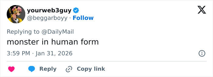 Tweet from user yourweb3guy replying to Daily Mail with text monster in human form on a social media platform.