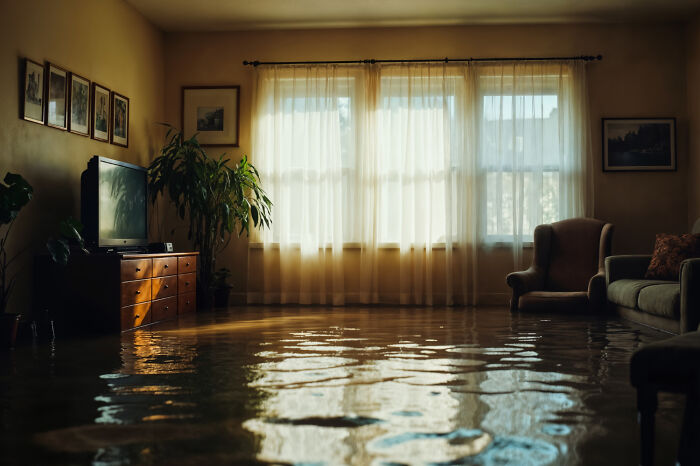 Flooded living room with water covering the floor, illustrating chaotic scenes from 3 AM night shift experiences.