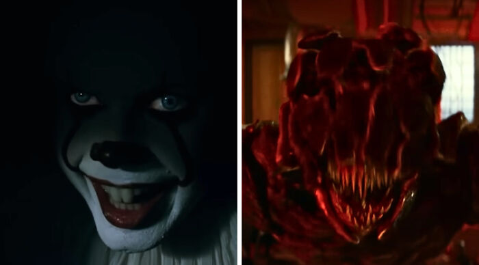 Two horror figures side by side, a sinister clown and a red snarling monster, Would You Rather choices theme