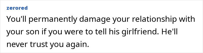 Text on a screen showing a warning about damaging a relationship by telling a son&rsquo;s girlfriend about his cheating.