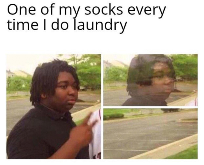 Person fading away humor meme illustrating lost socks, relatable for people who hate New Year's resolutions and laundry frustrations.