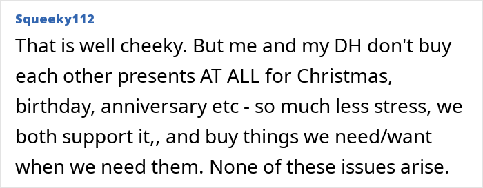 User comment about ungrateful woman and husband&rsquo;s gifts described as abhorrent, with people agreeing on the situation.