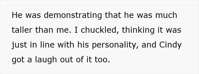 Text excerpt showing a man demonstrating height difference while sharing a laugh with a female friend.