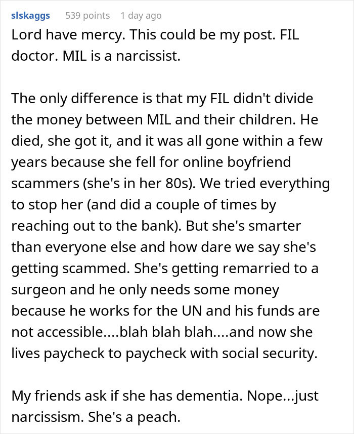 Reddit screenshot discussing greedy mom and inheritance plans, comment recounting MIL losing money to scams