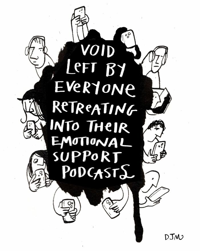 Comic illustration by Dana Jeri Maier showing people with phones around text about emotional support podcasts.
