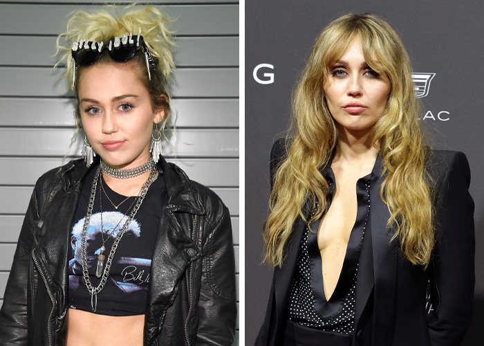 Side-by-side photos of a female celebrity showing dramatic decade transformation and aging effects on appearance.