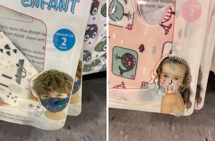 Children’s face masks packaged separately for boys and girls, illustrating gendered nonsense in marketing.