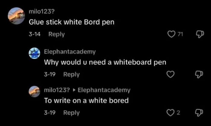 Screenshot of weird and funny TikTok comments about a whiteboard pen with misspelled words and playful replies.