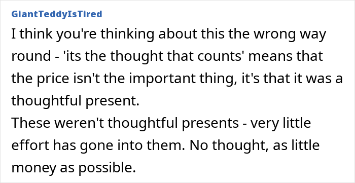 Comment discussing how the woman's feelings of being ungrateful relate to her husband's abhorrent gifts.