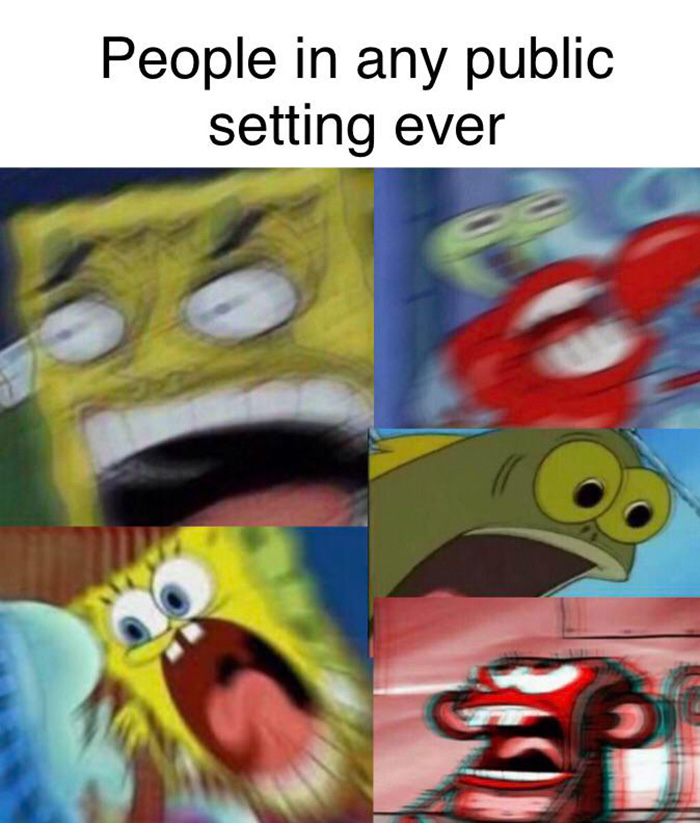 Blurred and exaggerated SpongeBob and friends' shocked faces illustrating chaotic public reactions for New Year's resolutions.