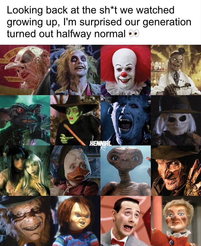 Collage of nostalgic horror and fantasy characters that might make Xenials go on a nostalgic trip down memory lane.