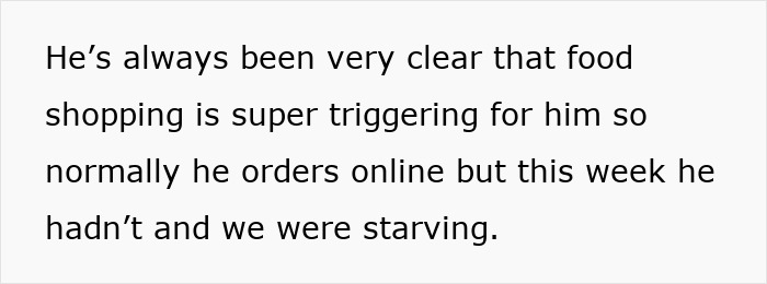 Man explains how food shopping triggers him while girlfriend reacts after seeing how he copes with the stress at home.