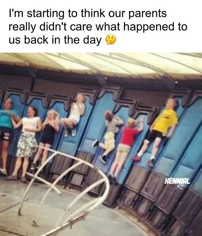 Kids hanging on a spinning ride at an amusement park, evoking nostalgic memories for xenials.