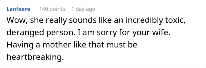 Reddit comment screenshot about a Greedy Mom called toxic and heartbreaking for the wife