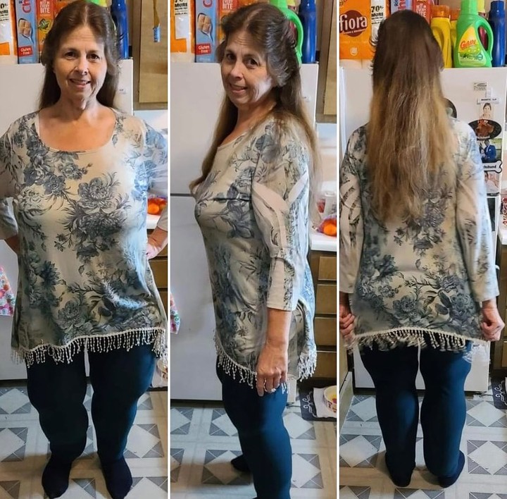 Pauline Potter showing weight loss transformation in a floral top and leggings, related to heaviest recorded people stories.