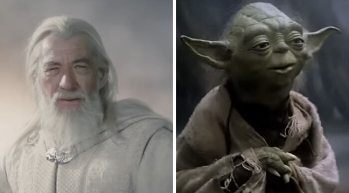 Split image of two fantasy mentors, white-robed elderly wizard and small green alien mentor, Would You Rather quiz