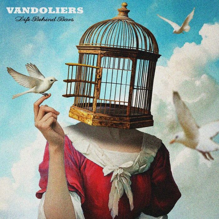 Surreal album cover with a person wearing a birdcage as a head and holding a white bird, illustrating bad album covers sold.
