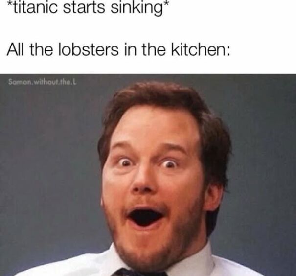 Man with surprised expression reacting to Titanic sinking, a relatable meme that hits way too close to home.