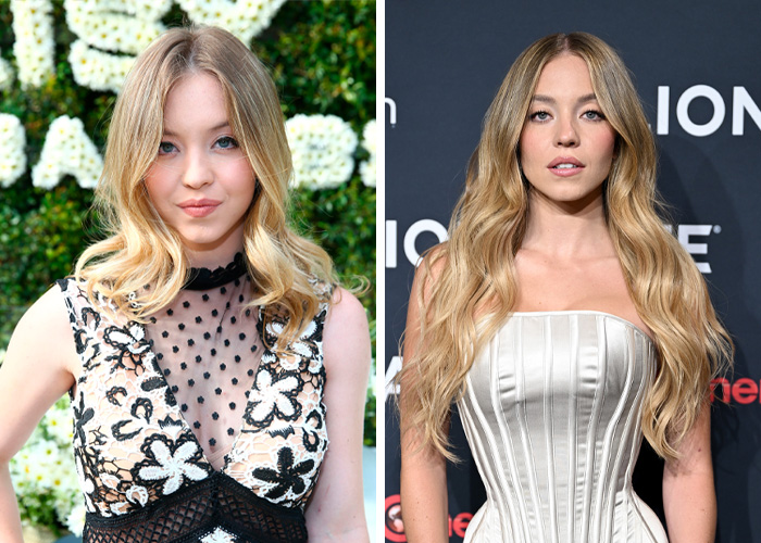 Side-by-side photos of a female celeb showing transformation over a decade with long blonde hair and stylish outfits.