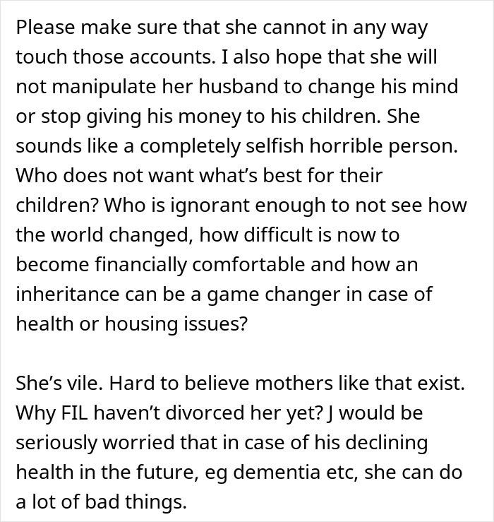 Screenshot of online comments criticizing greedy mom over inheritance, black text on white background
