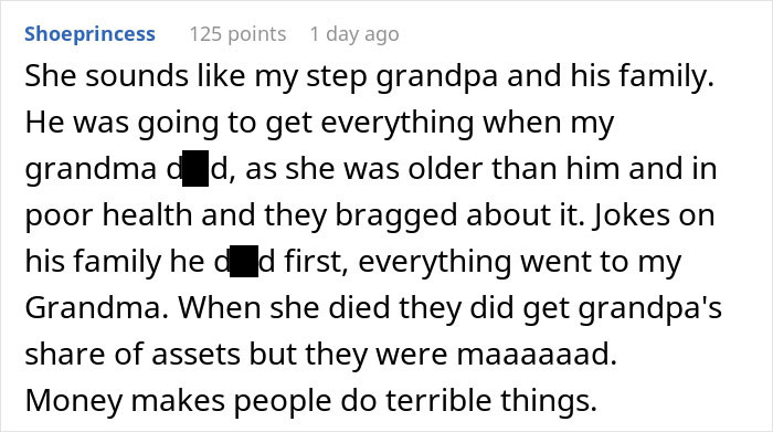 Reddit comment screenshot about a family inheritance dispute and Greedy Mom reacting to dad's inheritance plans.