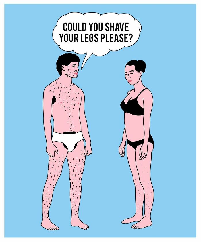 Studio Stoutpoep illustration of a hairy man in briefs telling a woman in underwear Could you shave your legs please