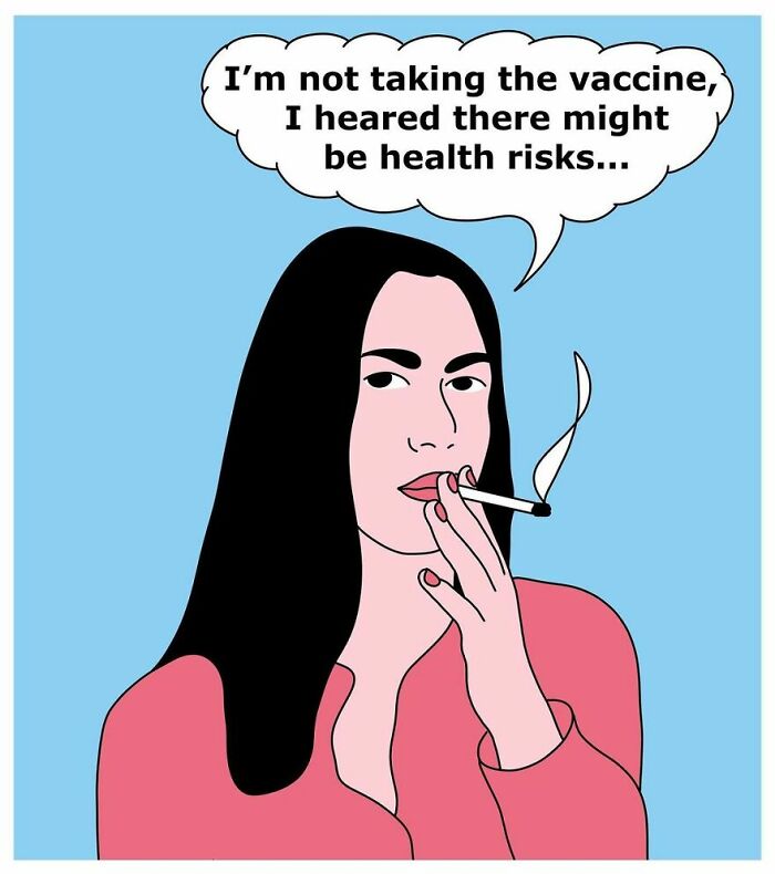 Studio Stoutpoep illustrations of a woman smoking while saying she won't take the vaccine citing health risks, pop art style