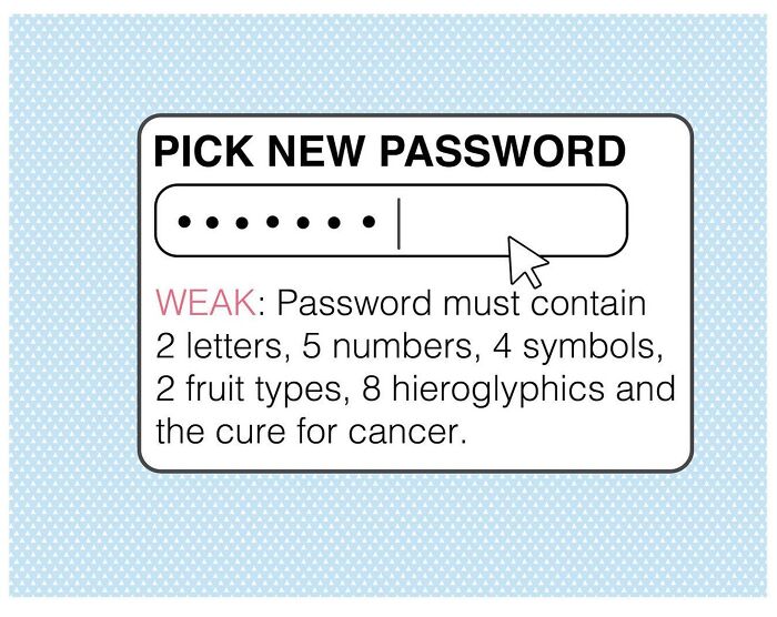 Studio Stoutpoep satirical illustration: password prompt listing absurd requirements including cure for cancer