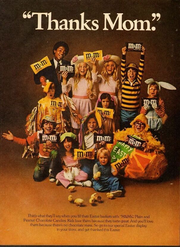 Vintage ad showing children in costumes holding M&M's, illustrating which values changed and stayed the same over time.