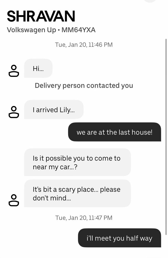 Chat messages between an Uber driver and passenger with funny and unhinged texts about meeting location concerns.