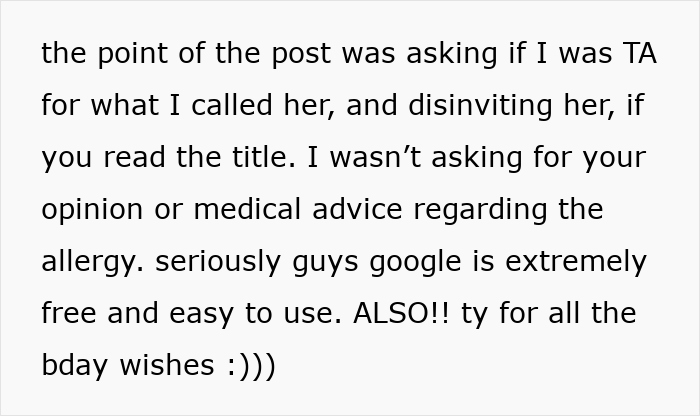 Text post explaining disinviting a guest who ignored food allergy restrictions set by the party host.