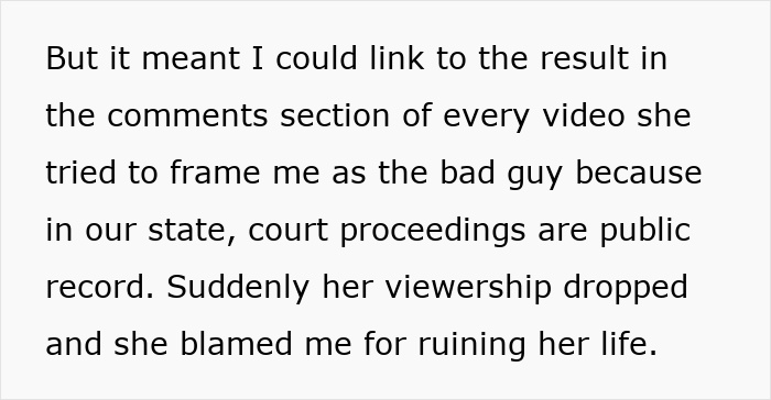 Text excerpt about a YouTuber losing fame, followers, and money after being sued for lying about ex for clout.