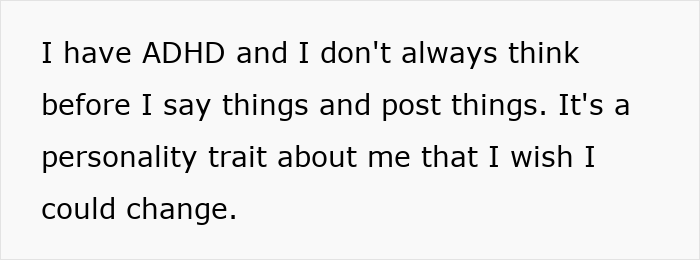 Text image showing a statement about having ADHD and struggling to control impulsive speech and posts.