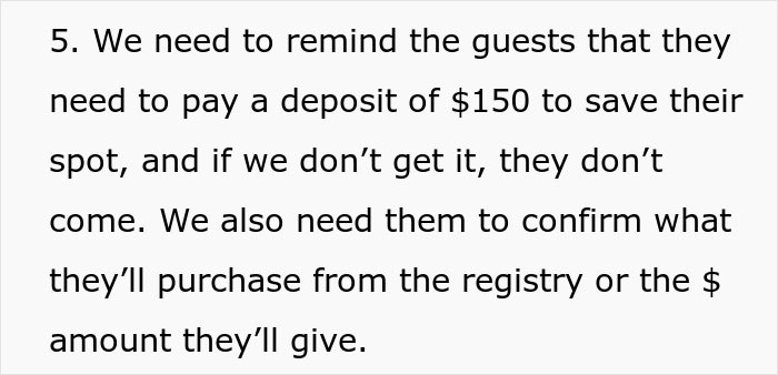 Text about guests needing to pay a deposit and confirm registry purchases relating to a bridezilla family meeting.