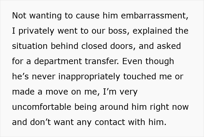 Text excerpt about a married lady uncomfortable at work after coworker falsely claims they are hitched, seeking department transfer.
