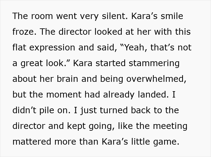 Text excerpt from office conflict scene showing coworker belittling another by "forgetting" her name during a tense meeting.