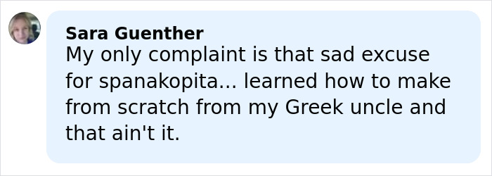 Commenter Sara Guenther sharing her opinion on Critics Choice Awards&rsquo; disappointing food, specifically the spanakopita served.