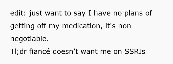 Text message screenshot stating refusal to stop medication despite fiancé’s demand to quit SSRIs for confidence and recovery. Text message screenshot stating refusal to stop medication despite fiancé’s demand to quit SSRIs for confidence and recovery.