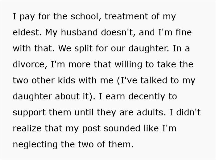 Text screenshot showing a woman explaining financial support for her children amid a family dispute over her disabled son hampering normal life.