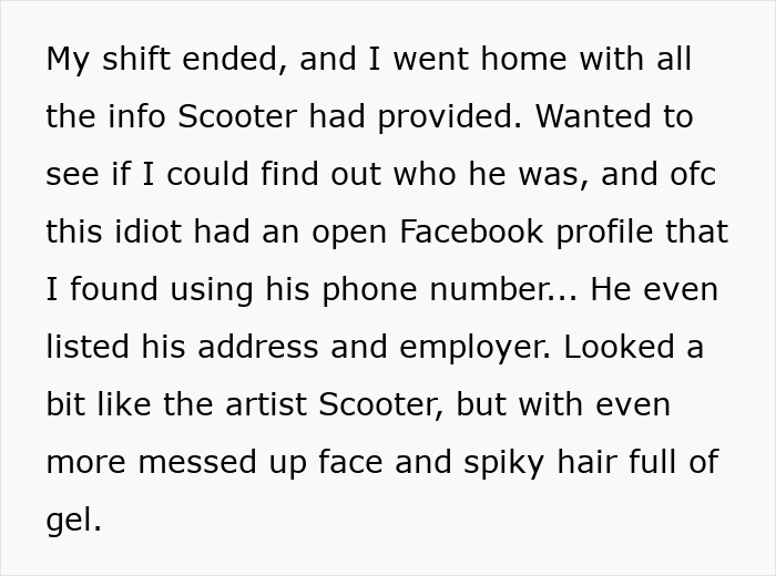 Text excerpt showing a hotel receptionist uncovering details about a scammer involved in $2k laundering attempt.
