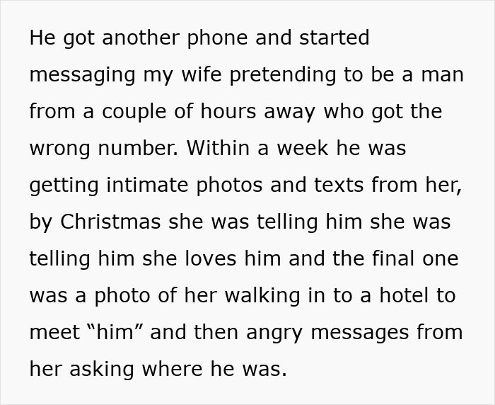 Alt text: Text describing a friend catfishing a married woman leading to intimate exchanges and the destruction of a 10-year marriage.