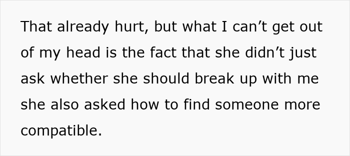 Text excerpt about relationship conflict showing a person upset after learning about AI used as a personal relationship coach.