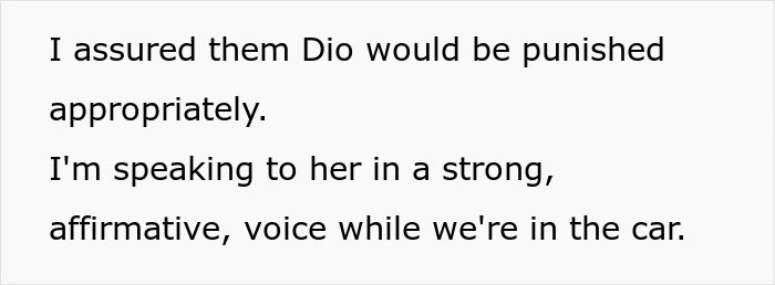 Text excerpt showing a conversation where a teen speaks in a strong, affirmative voice about punishing Dio while in the car. Text excerpt showing a conversation where a teen speaks in a strong, affirmative voice about punishing Dio while in the car.